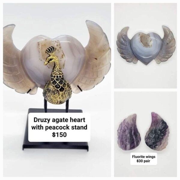 Druzy agate heart with peacock stand